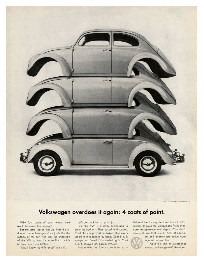 “Volkswagen overdoes it again: 4 coats of paint”, 1961