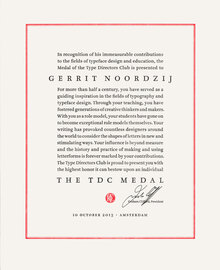 TDC Medal certificate for Gerrit Noordzij