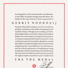 TDC Medal certificate for Gerrit Noordzij