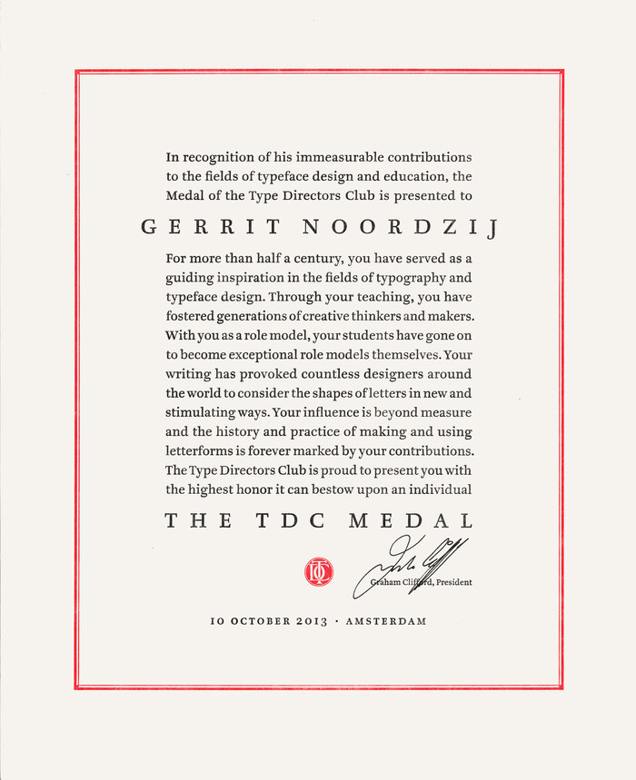 TDC Medal certificate for Gerrit Noordzij