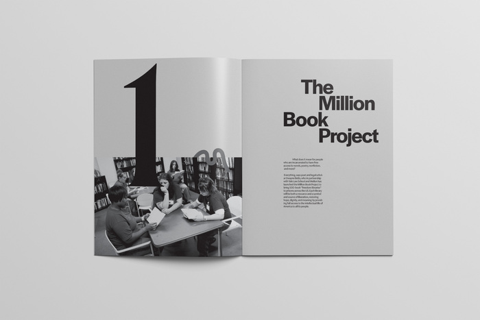 Spread from a publication with an overview of the Mellon Foundation’s projects.  Bold is used for the titles. The large numerals are from .
