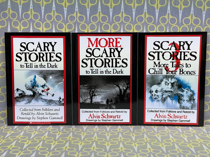 From left: Scary Stories to Tell in the Dark (1989 reprint of the 1981 book), More Scary Stories to Tell in the Dark (1984 cover), Scary Stories 3 (1991 cover)