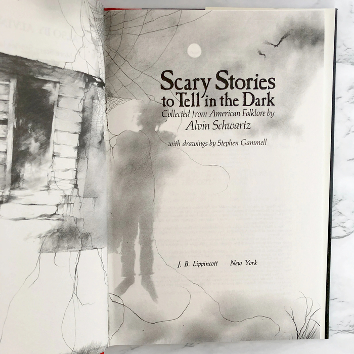 The inside title page of a first edition hardcover printing of the first Scary Stories to Tell in the Dark book. Illustration by artist Stephen Gammell