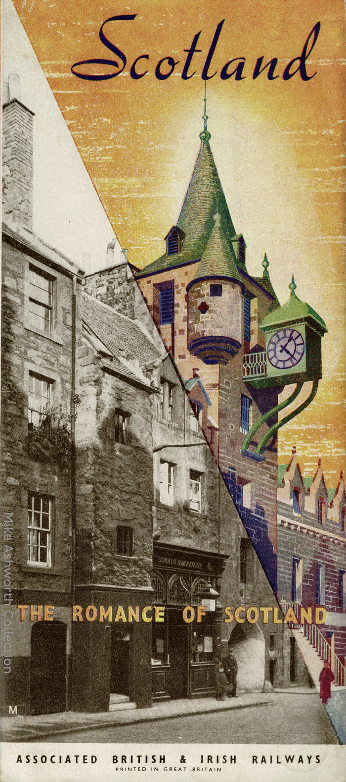 The cover of the Scottish brochure, written by Maurice Walsh, “The Romance of Scotland”, shows the Tolbooth and clock on the Royal Mile in Edinburgh’s Old Town.