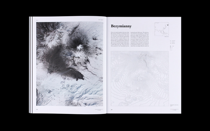 True to scale photographic, cartographic and topographic overview of the individual volcano, its type, climate zone and location feature as well as short geological summary.