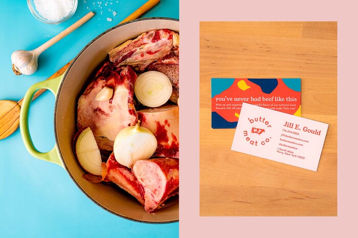 Left: Beef bones and vegetables in a stock pot

Right: Butter Meat Co. business cards