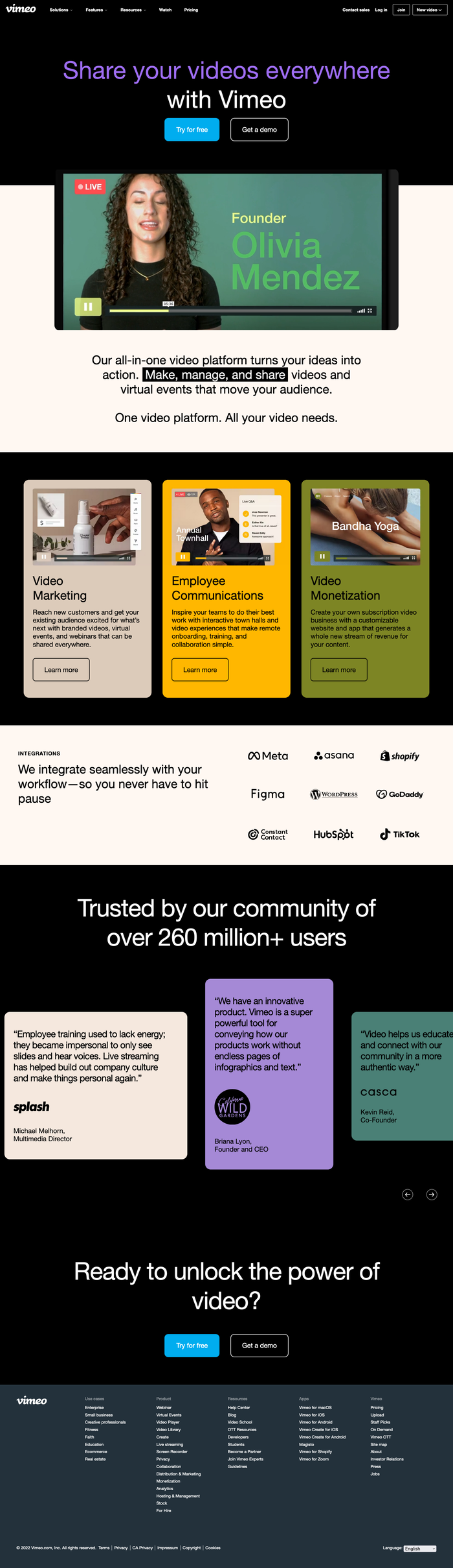 Vimeo homepage in 2022