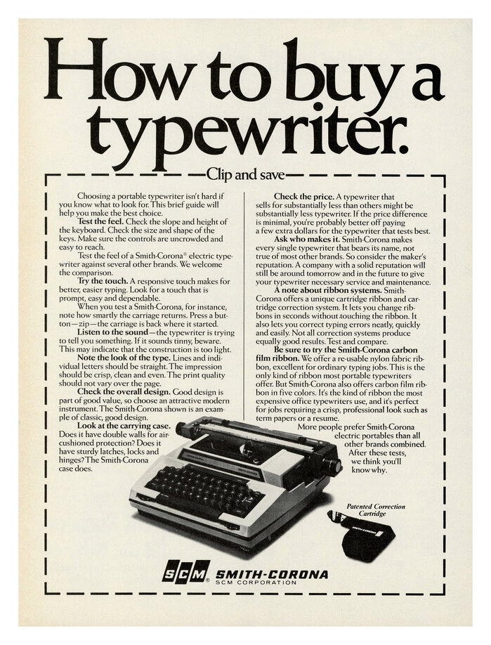“Do you make these 10 common typewriter mistakes?” and “How to buy a typewriter.” ads by Smith-Corona 2