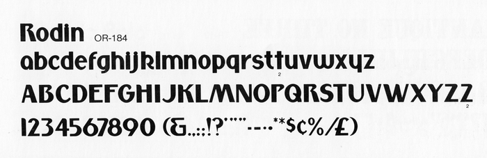 Glyph set for Rodin as shown in The World-Famous Photo Typositor Alphabet Library by Visual Graphics Corporation, 1973