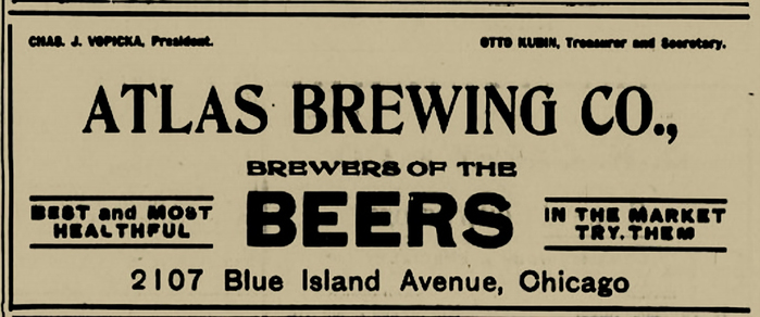 Atlas Brewing Co. advertisement, 1909. Note the alt R of De Vinne Condensed in “Brewing”.