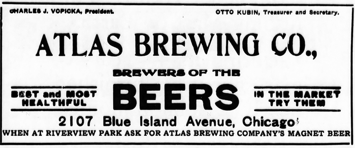 Atlas Brewing Co. advertisement, The Chicago Eagle, December 5, 1914, Page 7. Note the alt R of De Vinne Condensed in “Brewing”.
