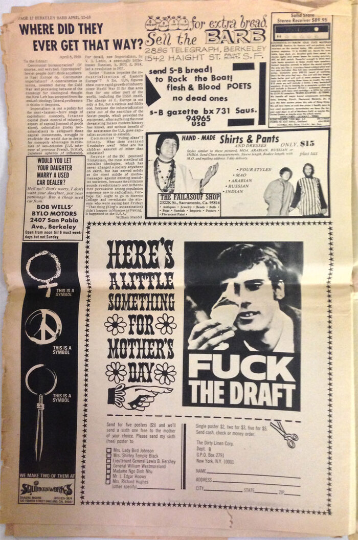 Full page of the Berkeley Barb issue from April 12, 1968 with the ad