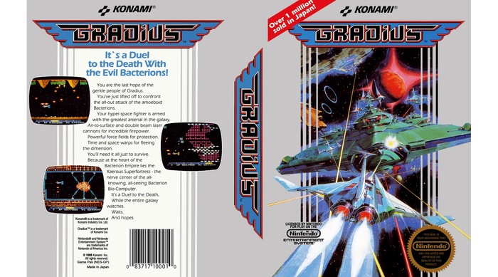 Gradius packaging design for Nintendo Entertainment System. Most text is set in .