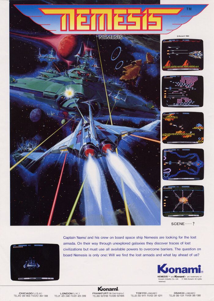 Flyer for the arcade version of Gradius which was released outside Japan under the title of Nemesis.