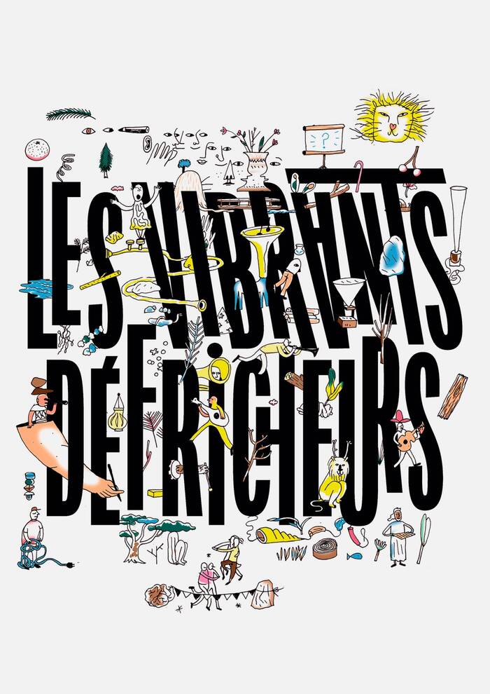 Poster staging the Vibrants Défricheurs’ logotype, enriched with illustrations. The logotype is indeed a lettering piece based on Origin Super Condensed Black and its Backslant version. It’s playful and lively with a jumping baseline, upside-down letters and custom fancyful ligatures. Find a version without illustrations further below.