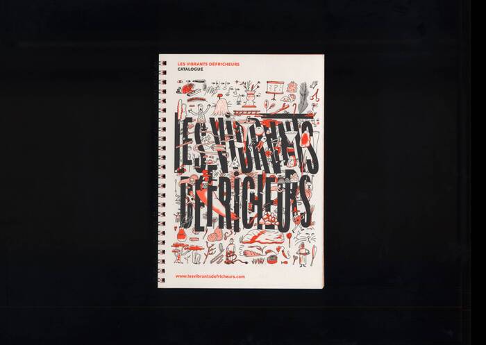 Catalog presenting the projects of Les Vibrants Défricheurs, realized in two Pantone colors with a ring binding, and featuring another illustrated version of the logotype