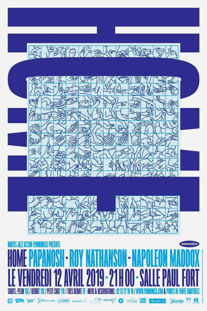 Poster advertising a concert of Papanosh, one of the association’s projects. An illustrative chart is being inserted into the counter of the O, giving the rotated word a three-dimensional look.