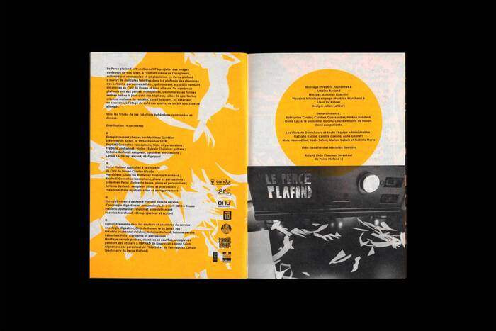 Interior pages from the brochure for Le Percé Plafond, with text set in 