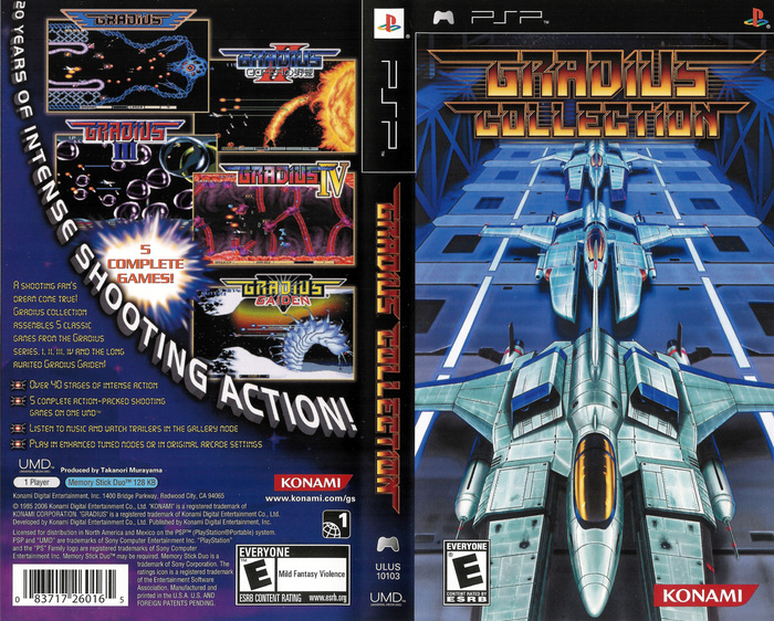 Box cover for Gradius Collection (or Gradius Portable in Japan) for PlayStation Portable, which is a collection of several series of the games. The fonts featured on the box include  (“20 years of intense shooting action”),  (“5 complete games”), , and .