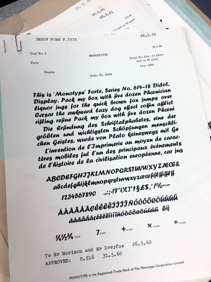 Trial No. 2 for Monotype Forte, as sent to and approved by John Dreyfus and  in May 1960.