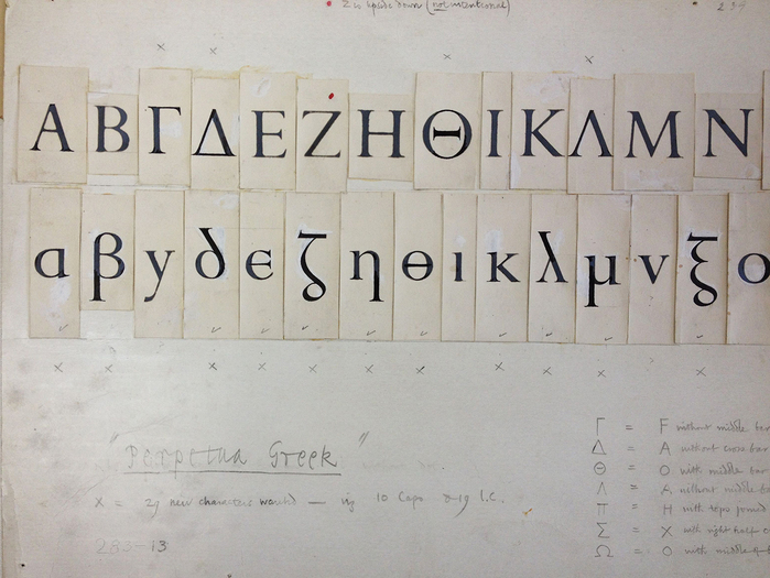 Eric Gill&rsquo;s drawings of the Greek-script version of , along with instructions on how to create a Greek typeface by modifying Latin characters