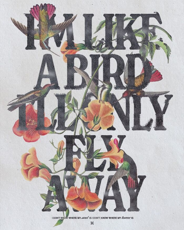 All-caps New Spirit Bold Condensed with a Helvetica-like sans and an unidentified script for a quote from a Nelly Furtado song: “I’m Like A Bird I’ll Only Fly Away”