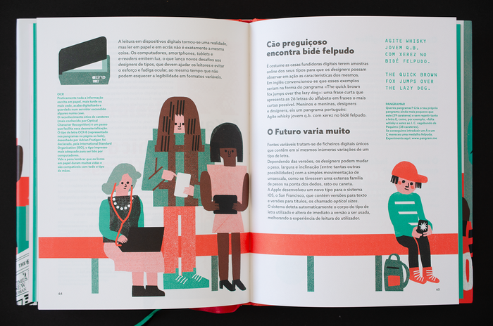 Tipos Curiosos. Pequena História das Letras – spread about digital typography on mobile devices, including optical character recognition, optical sizes, and pangrams