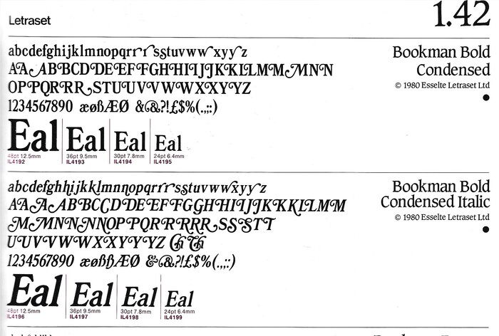 Glyph set for Bookman Bold Condensed with Italic as seen in a 1988 Letraset catalogue (copyright metadata for this reads “© 1980 Esselte Letraset Ltd.”) – notice there are some slight differences in some glyphs.