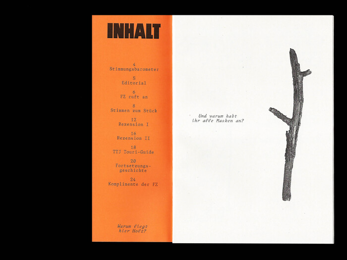 Table of contents on the inner side of the (shorter) cover, printed on colored paper