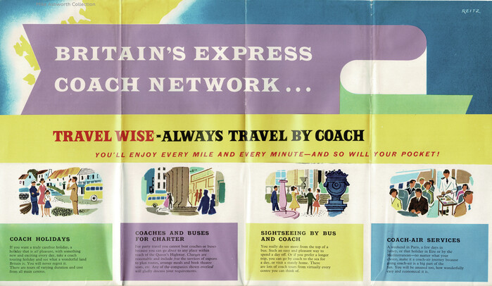 Headlines are shown in all-caps . Some of the lines including “Travel wise – always travel by coach” are drawn by hand, though: zoom in to see small differences between repeating letters. The italic red caps appear to be from ’s .