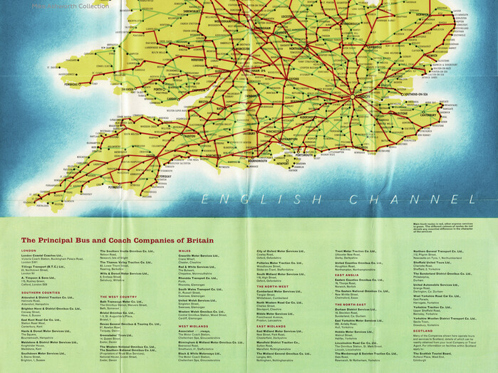 Southern section of the map. The list of principle bus and coach companies of Britain is set in two weight from .
