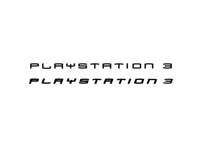Mata Condensed Bold (top) compared to the original Playstation 3 logo (bottom). The letterforms of the latter were made bolder and slanted. While the spur in the center of Y was shortened and the stub terminal on L removed altogether, other letters like P and N got extra spurs.