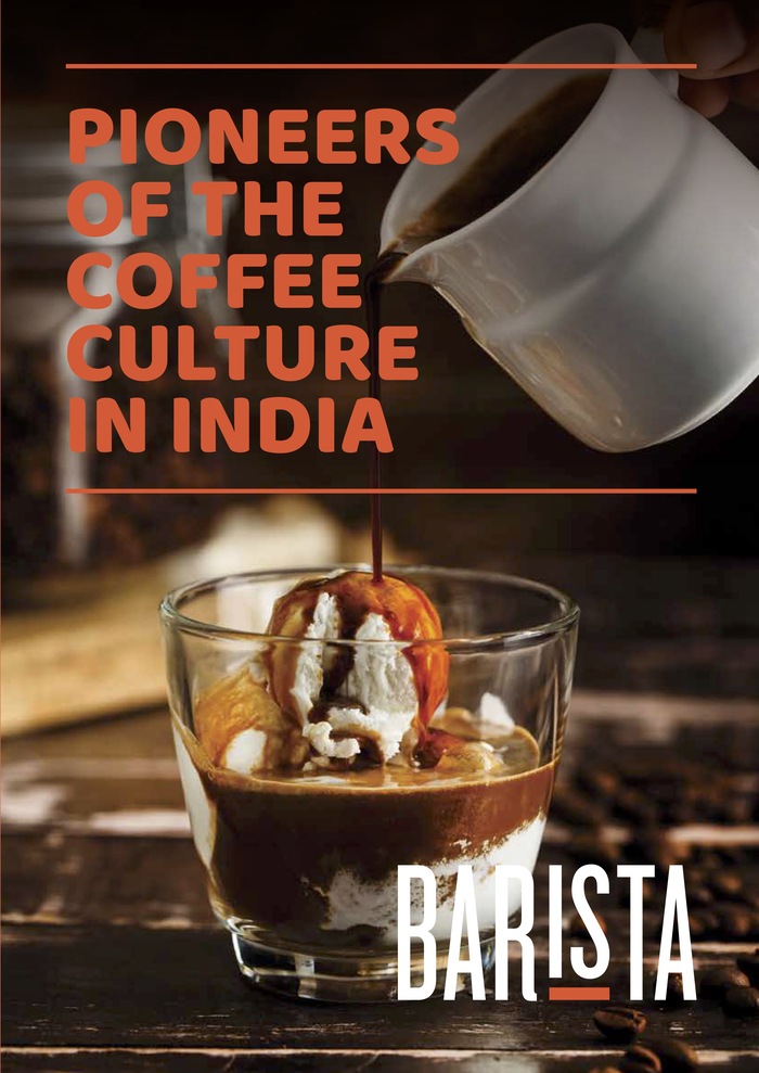 Cover of a corporate brochure featuring all-caps Baloo and the Barista logo in Knockout