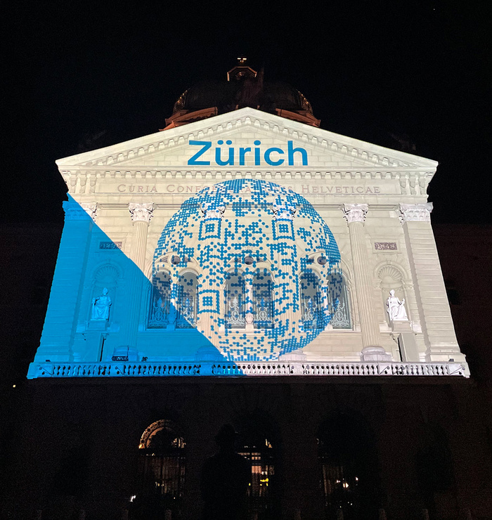 On 24 March, the stamp designs were projected onto the facade of the Federal Palace of Switzerland in Bern.