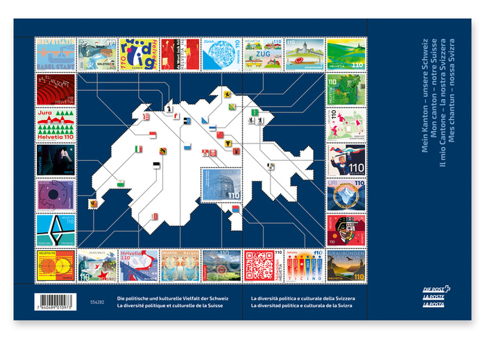 The special sheet “My canton – our Switzerland” with 27 stamps shows the diversity of Switzerland. It has one stamp for each of the 26 cantons, plus one showing of the Haus der Kantone, all designed by different designers.