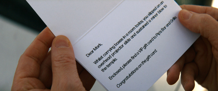Forma DJR for an apology note given to an “outie” after they sustained an injury while on the SVR’D floor