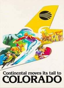 “Continental Moves Its Tail to Colorado” Continental Airlines travel poster (1975)