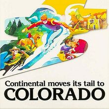 “Continental Moves Its Tail to Colorado” Continental Airlines travel poster (1975)