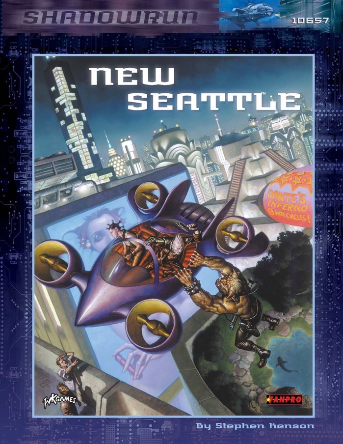 Front cover of New Seattle by Stephen Kenson. Originally published by FASA in 1999, this is a later edition by FanPro. All text on the cover, except for the stock number, is  (1997); the stock number is  (1992). The latter was also used for the titles on the spines of most of the later third-edition books (though not on this one).