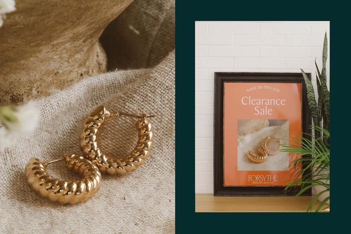 Left: Dainty gold braided hoop earrings.

Right: Sales poster with a photo of gold hoops.The copy reads: “Save 30-70% off. Clearance sale”.