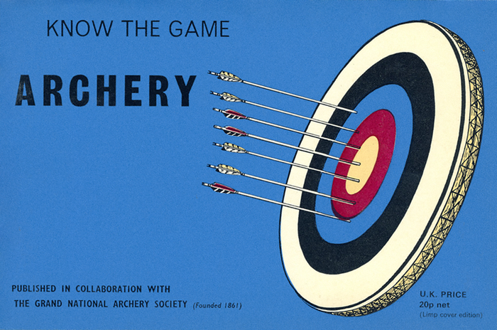 Archery, 1971 reprint of a 1960 edition, ft. letterspaced caps from , with  Light 126 for the series title, as well as  Condensed and Italic, and 