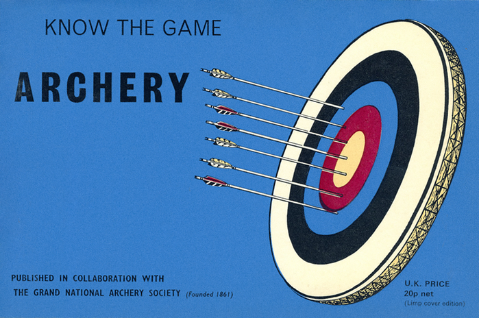 Archery, 1971 reprint of a 1960 edition, ft. letterspaced caps from , with  Light 126 for the series title, as well as  Condensed and Italic, and 