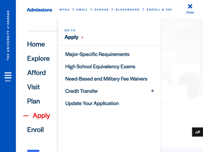 Cascading menu featuring , with  for the tracked out caps at the top. The rotated line reading “The University of Kansas” at the left combines all-caps  and the Bold Italic style of .