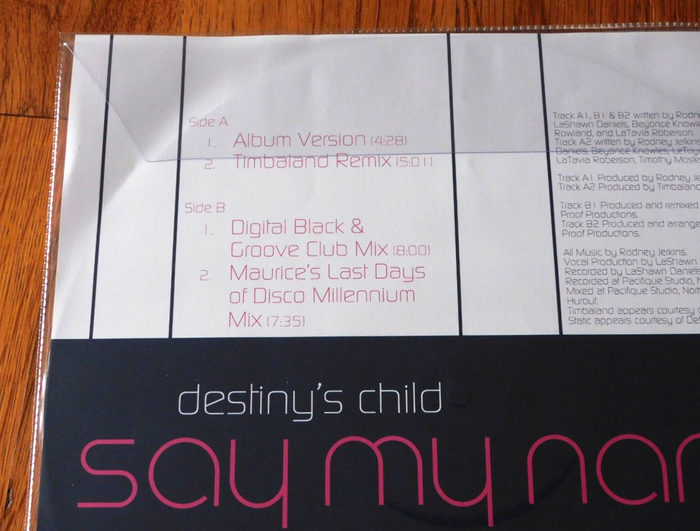 “Say My Name” 12″ picture disk back cover detail, with track names set in Digital Sans