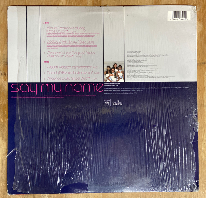 “Say My Name” 12″ vinyl back cover, with track names set in Dana Line