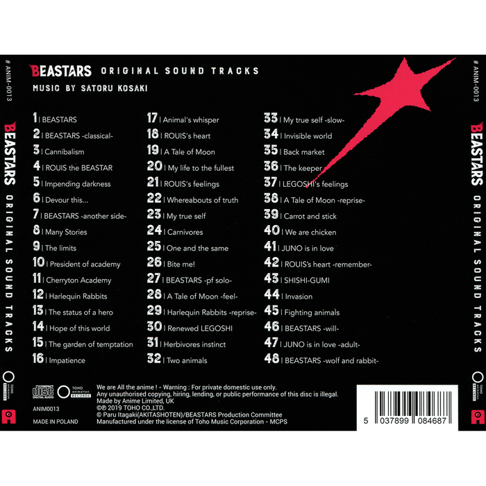 Back cover of the soundtrack album with the track listing. Titles are set in .