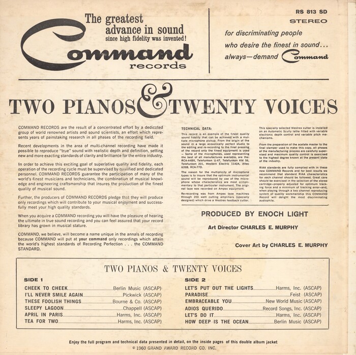 The back cover features a number of typefaces, including  Condensed for “The greatest advance in sound” and  Italic for “for discriminating people”. The title in the box with the track listing is set in all-caps , with side headings in . Production and design credits use .