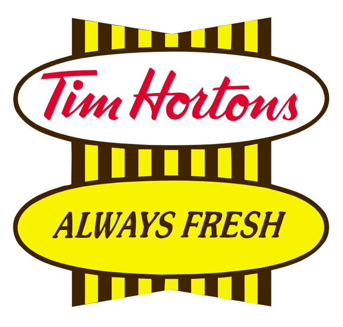 Tim Hortons’ logo and signage from the 1990s, still used to this day at older locations. The “ALWAYS FRESH” tagline uses  Demi Italic.