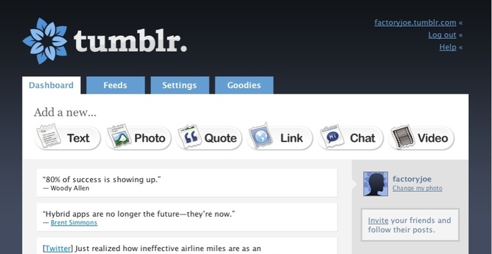 Tumblr’s April 2007 dashboard redesign.