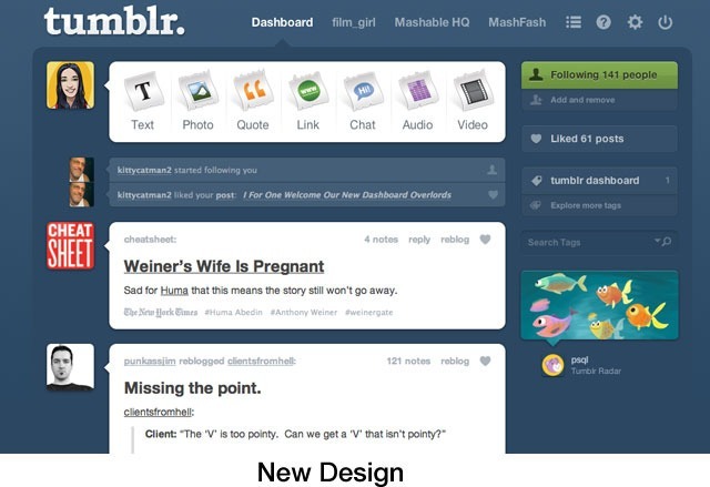 Tumblr dashboard, 2011.